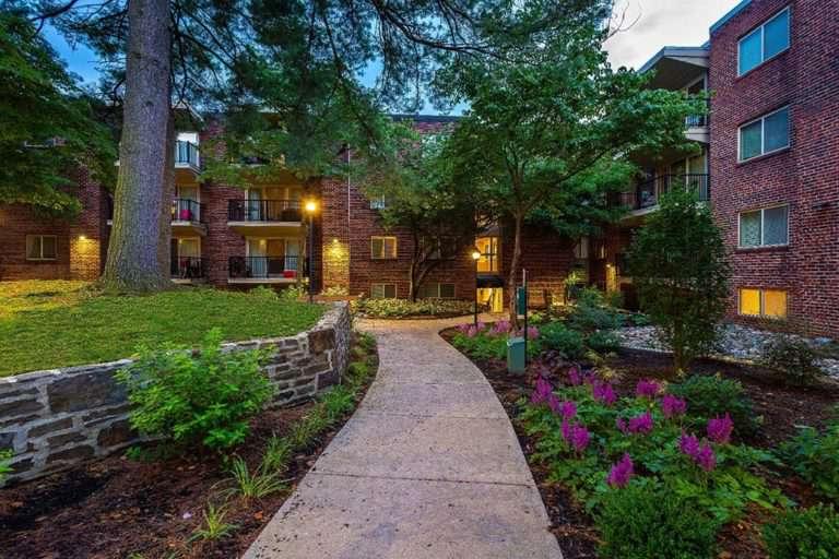 Entrance walkway to residential building lined with purple flowers at Haverford Court apartments